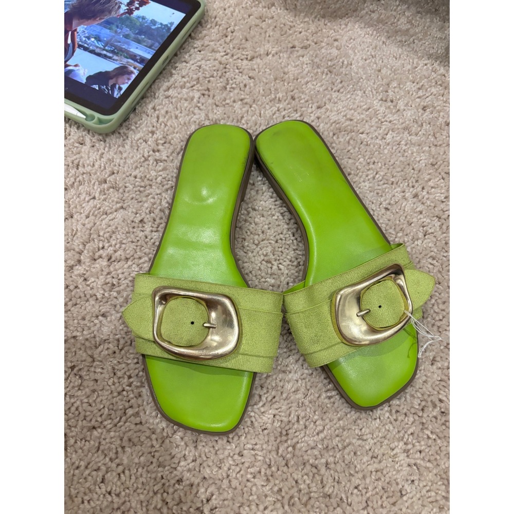 Lime Green Slides Rouge by Helium Square Toe Oversized Buckle Sandals 8M